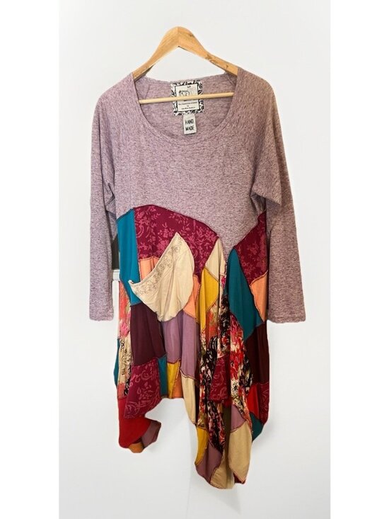 Upcycled Dresses & Skirts - OOAK Upcycled Tunic Dress L Lagenlook Art To Wear Patchwork Festival Ruffle.  Y